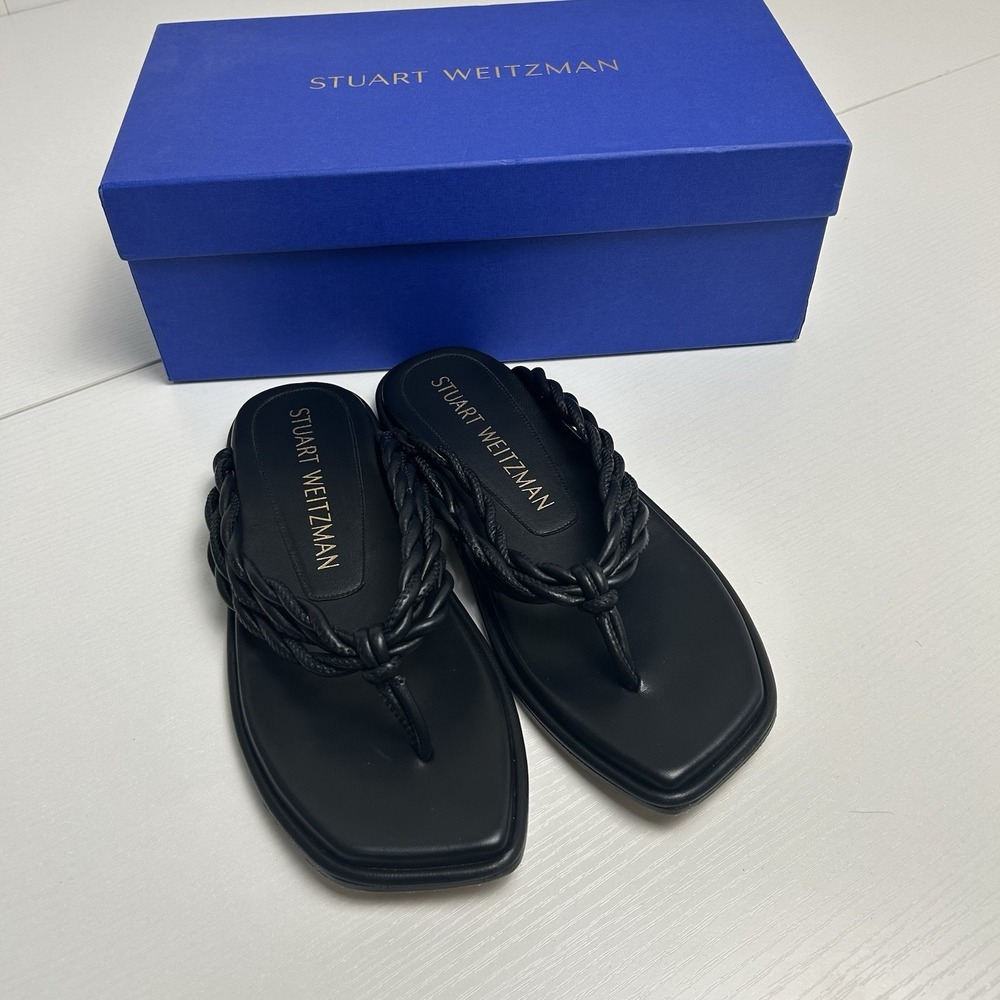 Stuart Weitzman Calypso Twisted Thong Flat‎ Sandal Leather Black Size 8